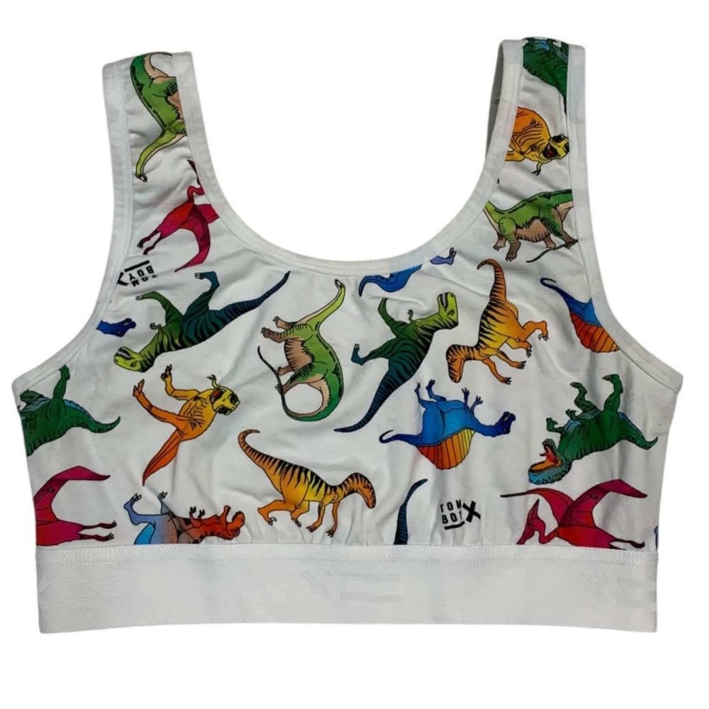 TomboyX Bralette Women Small White Rainbow Dinosaur Print Scoop Neck Kidcore